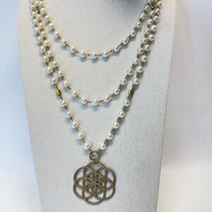 Medallion Pendant Necklace Imitation Pearl Multistrand Station Gold-Tone